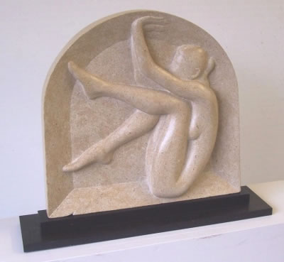 Arch female figure stone carving bas relief limestone plinth mounted Gordon Aitcheson sculpture